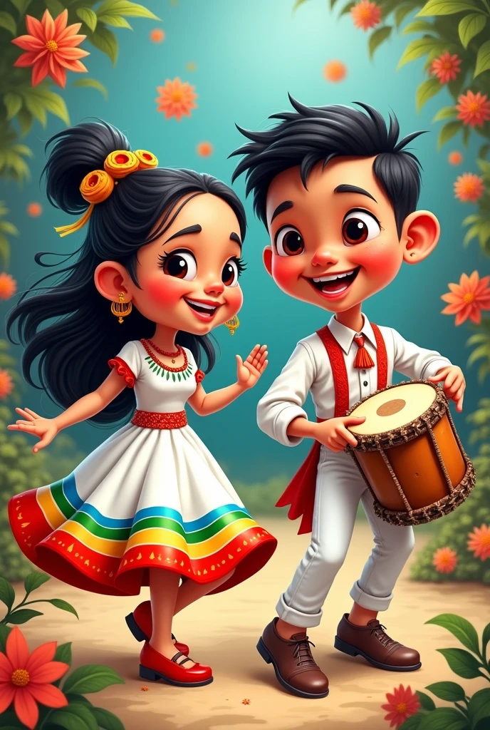 Disney-style caricatures of a Yungas girl dancing saya wearing a white dress with the Bolivian flag and a Yungas boy dressed in white with the Yungas flag playing a drum and dancing saya in the background 