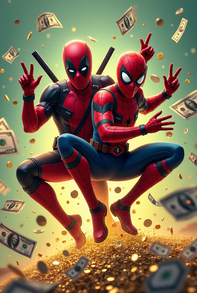 Deadpool and spiderman, dollar bills, diamonds, coins, background in light green and Uni Duni Te as the tittle and do it in a square proportion