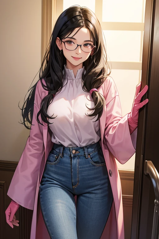 He wore jeans and a long-sleeved smock.、A mature woman with black hair and glasses, Put on big pink rubber gloves、Smiling gently in the room　