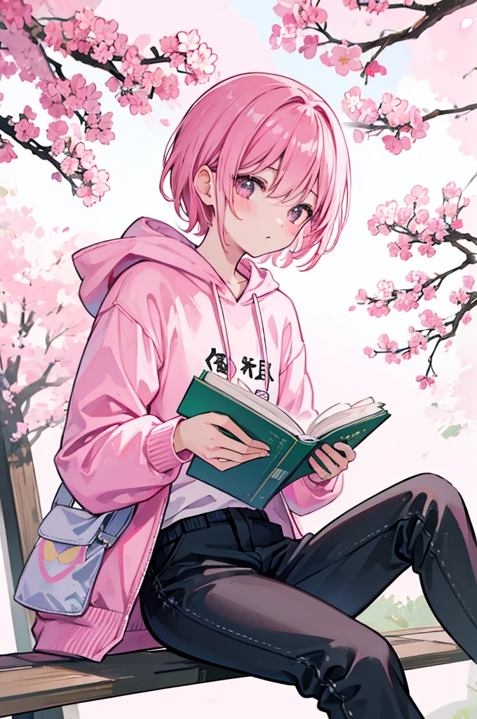 sitting under a cherry blossom tree reading a book、Pink short hair、wearing a pink hoodie and black pants、youth、man、、male