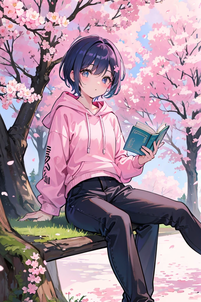 sitting under a cherry blossom tree reading a book、Pink short hair、wearing a pink hoodie and black pants、youth、man、、male