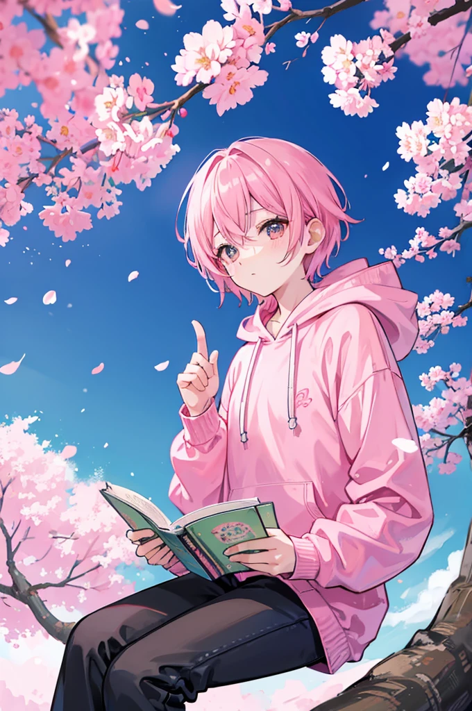 sitting under a cherry blossom tree reading a book、Pink short hair、wearing a pink hoodie and black pants、youth、man、、male