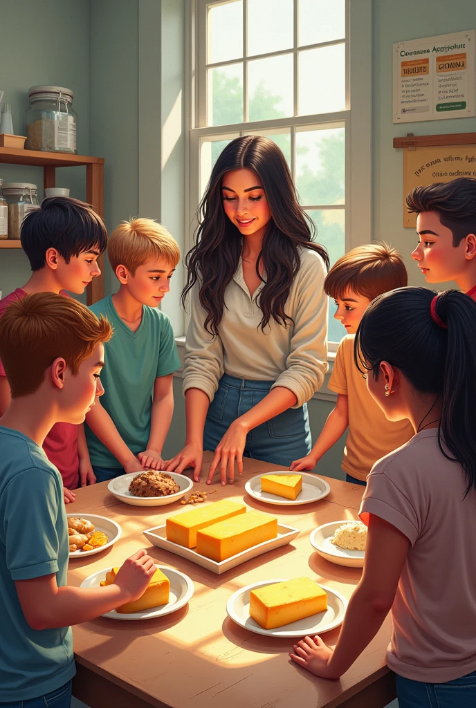 Create an image of a teacher with long black hair, with your students (boys and girls) that are producing products of agricultural origin, like cheeses, iogurtes, candies, compotas, etc. The drawing doesn't need to be so realistic, but it doesn't need to be too simple either. Remembering that they are high school students and both he and the teacher. And do not generate people with oriental characteristics.