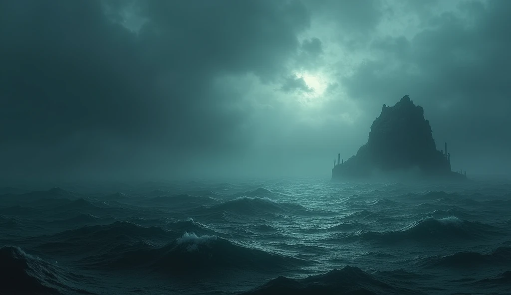 An ancient, mystical sea with dark, mysterious depths and a distant island visible in the background.