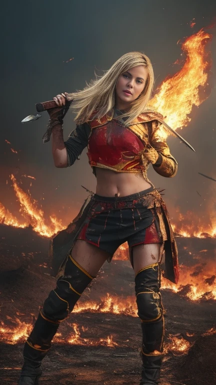 (masterpiece:1.5), (bestquality), (highlydetailed), (ultra-detailed), (1girl:1.2), (full body:1.2), (young girl), (blonde hair), (weapon in hand), (war battle scene), (bloody atmosphere), (smoke), (fire), (corpses), (chaotic background), (explosions), (torn clothing), (determined expression), (sweat and dirt), (injured), (dynamic pose), (broken armor), (burnt landscape), (fighting stance), (smoldering debris), (flames:1.3), (battle cries), (sounds of war:1.1)