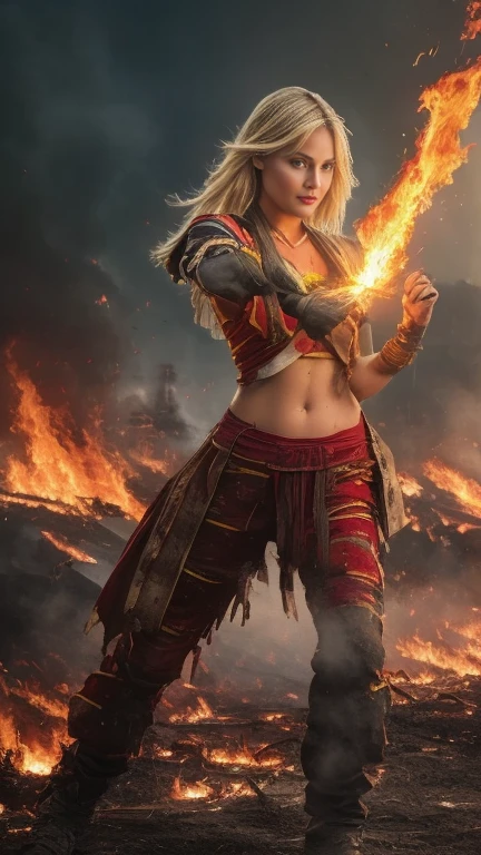 (masterpiece:1.5), (bestquality), (highlydetailed), (ultra-detailed), (1girl:1.2), (full body:1.2), (young girl), (blonde hair), (weapon in hand), (war battle scene), (bloody atmosphere), (smoke), (fire), (corpses), (chaotic background), (explosions), (torn clothing), (determined expression), (sweat and dirt), (injured), (dynamic pose), (broken armor), (burnt landscape), (fighting stance), (smoldering debris), (flames:1.3), (battle cries), (sounds of war:1.1)