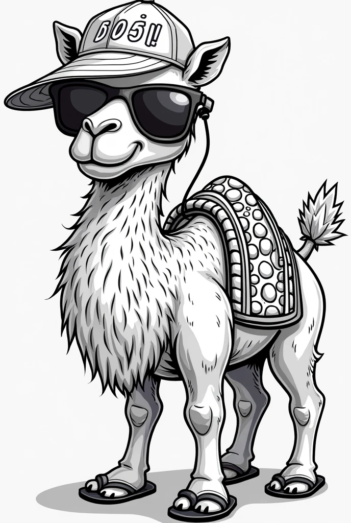 Camelo 2D misturado com humano for coloring, sunglasses, cap, chinelo, earphone, black andwhite, for coloring, piercing 


