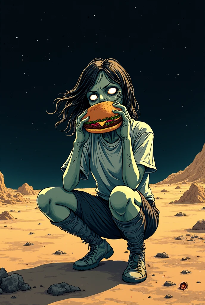 a female zombie eating a hamburger on a deserted planet in deep space, anime style