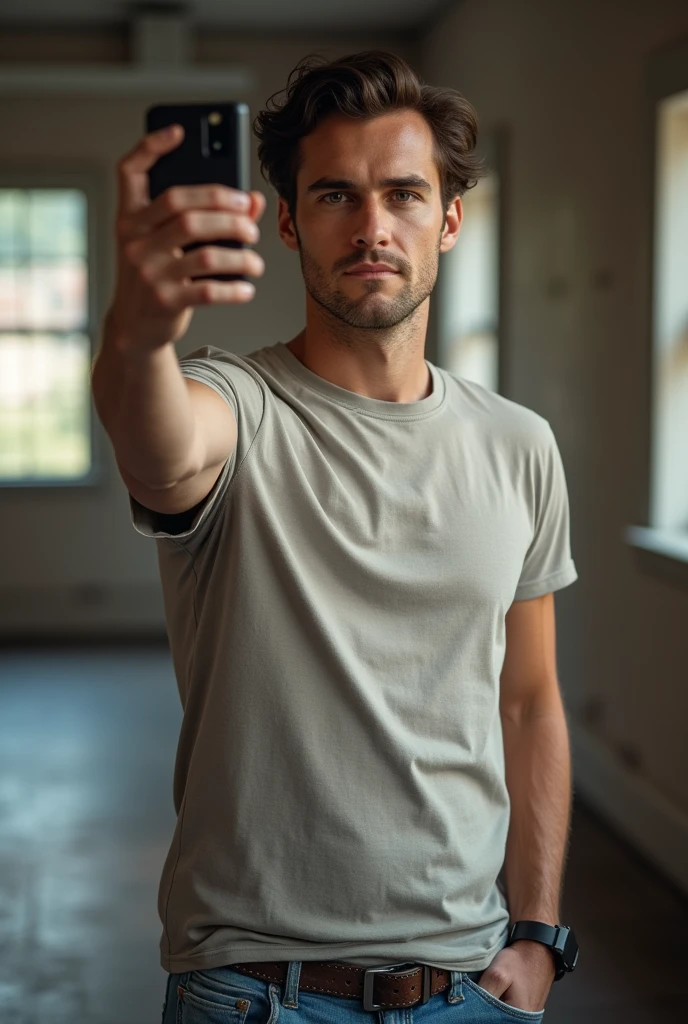 A man looking straight ahead taking a selfie with his right arm raised