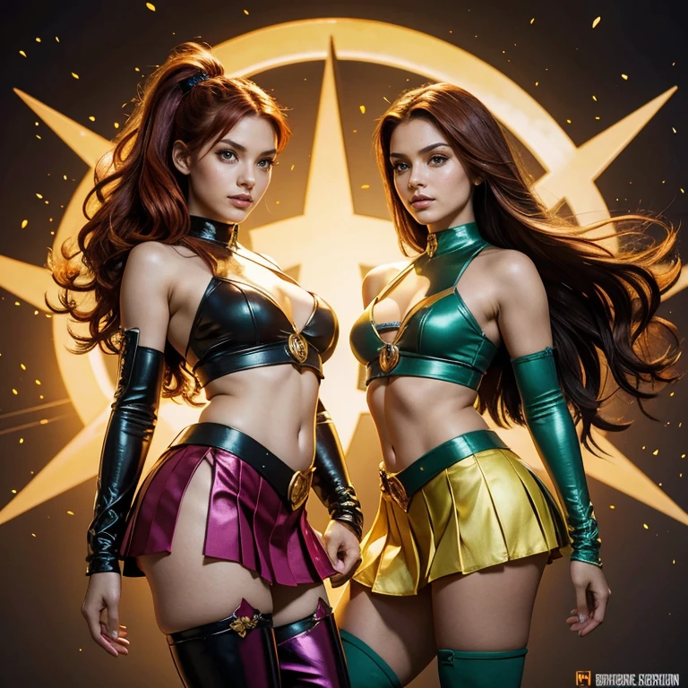 (masterpiece, best quality:1.5), highest quality, High resolution, super detailed, Realists, Full body photo of 18-year-old Starfire from Tita detailed and beautiful green eyes, beautiful detailed lips, very detailed eyes and face, longeyelashes, additional eyebrows in the forehead area, Beautiful and colorful makeup, Fighting Pose, dark red hair, ponytail hairstyle, Orange peel, bright daylight, bright colors, fine brushstrokes, Portrait style, beautiful color palette, glowing skin, First-class rendering, that captures every detail, enchanting atmosphere, (perfect anatomy:1.2), (The two stunning Starfires wear a shiny top with shoulder plates., a short pleated skirt and over-the-knee boots.Animated series Teen Ti 2003tarfire flies through the air, Your hands radiate energy. She radiates energy, panoramic view:1.2)