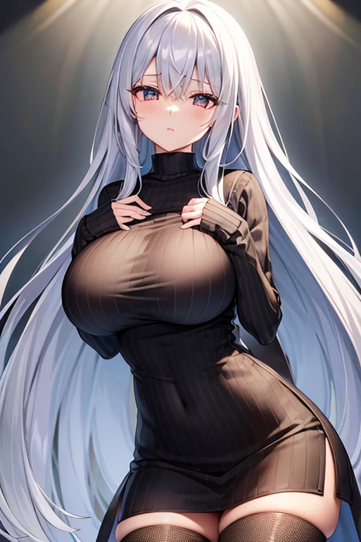 Big Breasts、long hair、Silver Hair、Long sleeve、Vertical knitwear、Black fishnet stockings、Long, slender legs、Emphasize the chest、whole body、High resolution、masterpiece、Highest quality、High-resolution model、