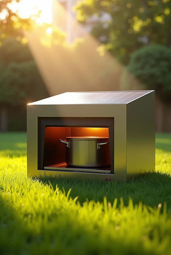 A solar oven with a pot inside, place it on a lush green lawn and next to it a radiant light from the sun. But remember, this oven will work with the sun, not with fire.. The oven has a square shape.