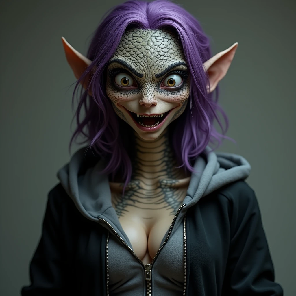 anthropomorphic snake woman, snake girl, slit nostrils, snake face, scales, reptile scales, no teeth visible, eyes wide with horror, mouth wide open, shoulder length purple hair, big snake eyes, wearing black zip jacket, grey thin button hoodie, big breasts