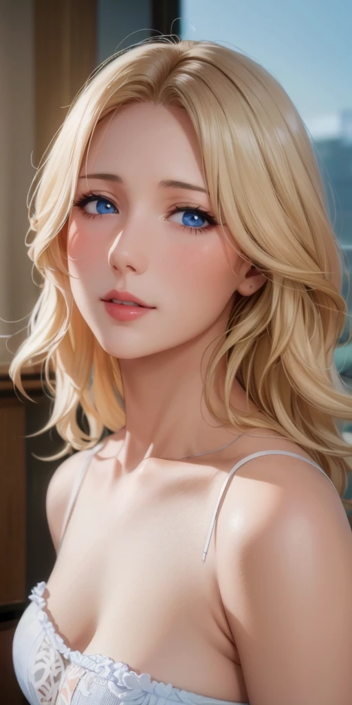 Elegant mature female, milf, blue eyes, blonde hair, soft light, high detailed, 4k resolution, high quality, beautiful cg,