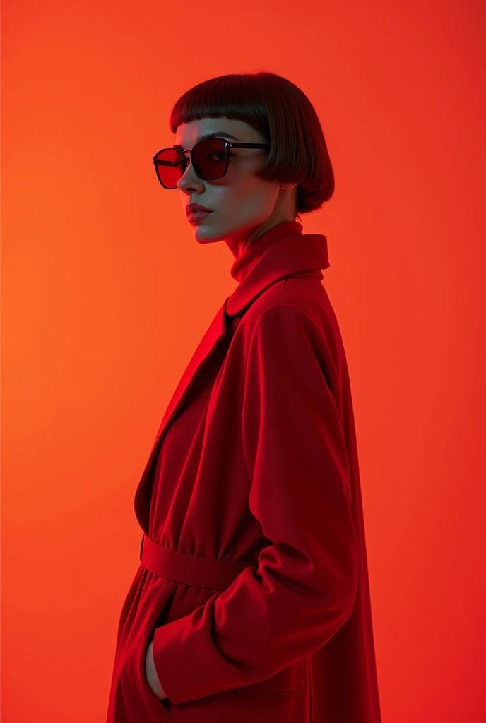 The best mobile wallpaper, Award-winning wallpaper, Portrait Photography, In front view is a portrait of a [ЖИВОТНОЕ] wearing 1960s mid-century space-age fashion, Side view shot, Shot with Canon EOS R5, Setting a stark contrast that accentuates the subject, Fluorescent [цвет] shade, Wearing a very fashionable lounge coat and sunglasses are a hip 1960s style, Clothing all in one color, Beautiful background