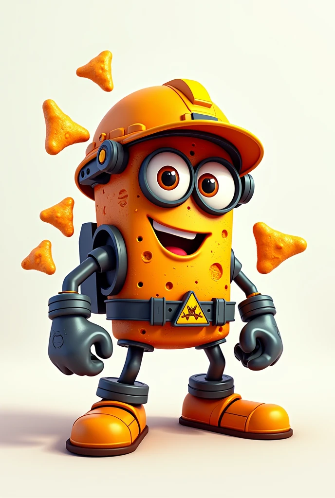 Create a logo of an animated Dorito that is an engineer, with 'Dorimorph' written beneath it in a catchy way for chip sales.