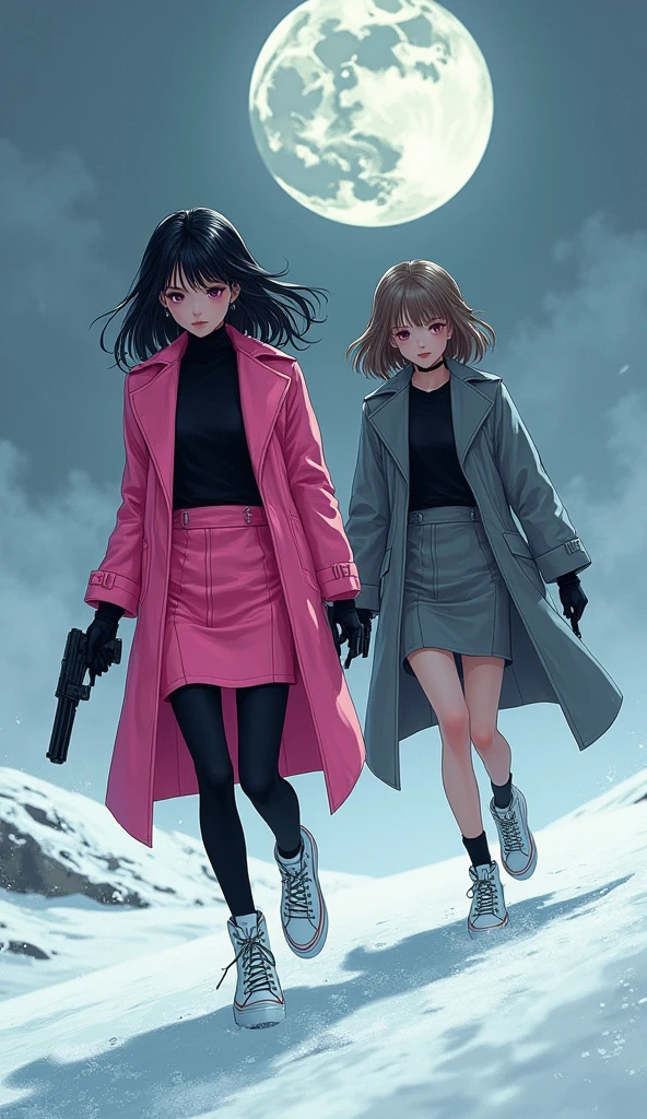 Two girls, long black hairs, yuri, Vampire Hunters

The first girl wear a pink long coat, black shirt, pink pencil skirt, black underpants, black tights, black gloves, black socks, white sneakers high top.

The second girl wore a grey long coat, black shirt, grey pencil skirt, black underpants, black tights, black gloves, black socks, white sneakers high top.

holding a handguns, walking on the snow foggy, snowing, grey blue sky, moon, cartoon novel, 4K, HD