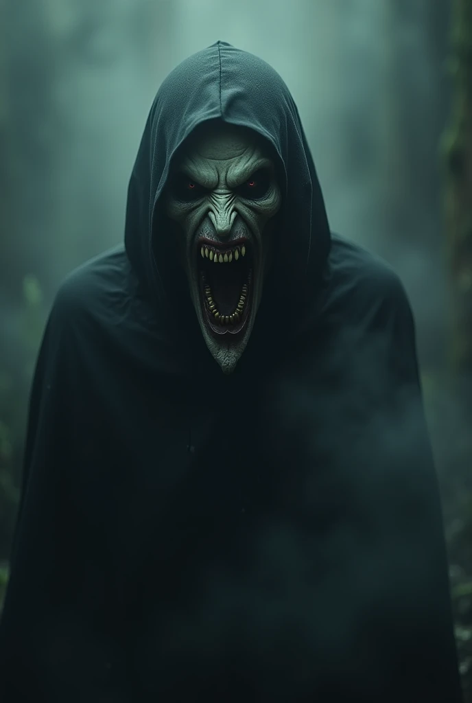 A man slowly leans forward, forcing his head through a jagged hole in the shattered door. The sharp sound of creaking wood is drowned out by the tension in the air.. Suddenly, in the oppressive silence of the moment, his eyes seem to shine with anger and palpable hatred. The fierce and murderous gaze is like a sinister flame in the dark, radiating pure evil. The figure's breathing is heavy and hoarse., echoing in the small space between the door. The fixed eye conveys a silent promise of violence. The unsettling glint in his eye, that seems to come from the depths of his corrupted soul, intensifies the terror of the environment, making the heart race and the skin crawl. In the narrow beam of light that passes through the hole, the distorted and partially hidden face reveals itself, but it's the eye, filled with an almost supernatural anger, that catches the attention, turning the moment into a living nightmare.