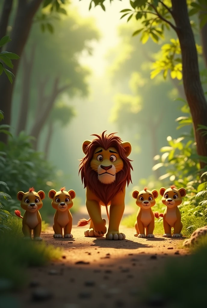 in 3d animation style ". lion, looking defeated and tired, slowly walks away from the jungle, glancing back at the four friends who stand united, watching him leave