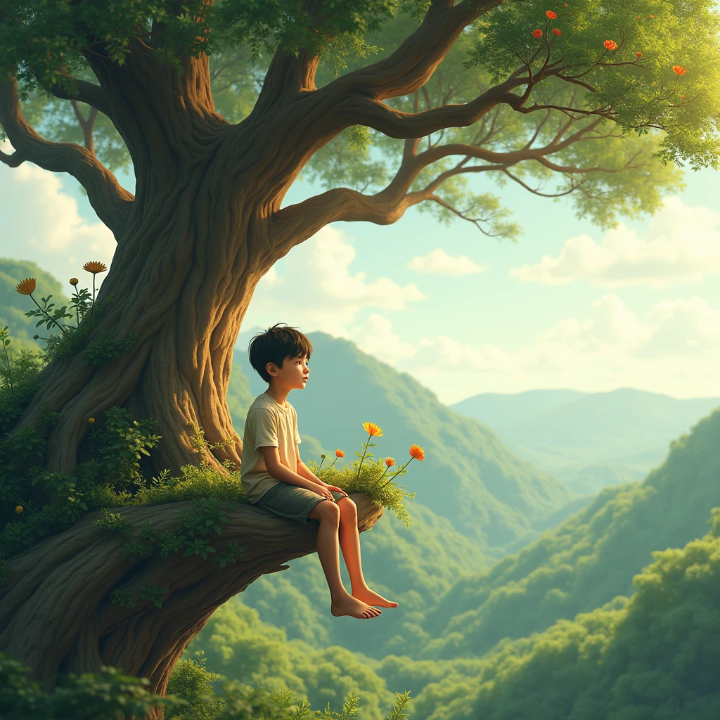A boy stting on the tree