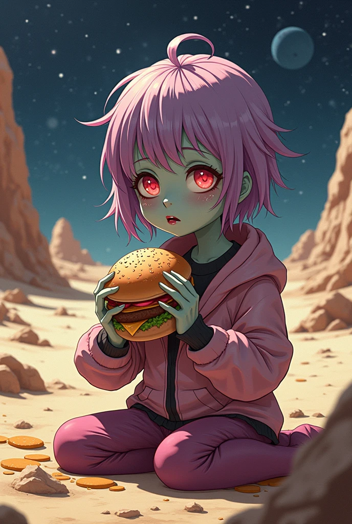 a cute female zombie eating a hamburger on a deserted planet in deep space, anime style
