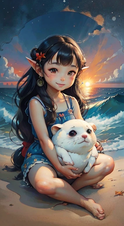 Masterpiece Illustration, high quality, high resolution 16k, a painting of a baby seal with a smile on it's face  sitting on a Ocean Shore,  Stunning sunset background , (fisheye camera), funny cartoonish trend in Art Station, playful smile, 🍁 cute, inspired by Ruben Tam, very cute facial features, , small in size, long pointed ears, artistic style, oil and watercolor painting