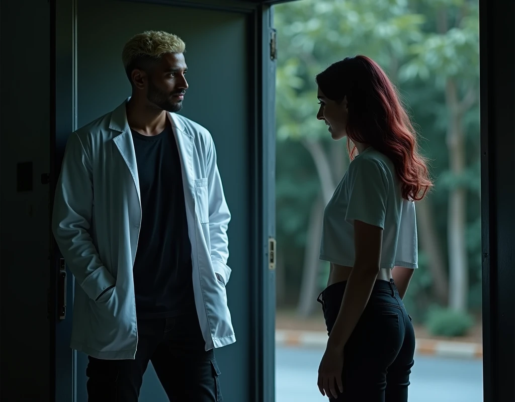 216 cm tall, 33-year-old man with short platinum blond wavy swept-back hair, dark skin, Arabic-Egyptian features, wearing a white lab coat over a black t-shirt and black cargo pants, holding open a a door of a double doorway of a secret facility as he looks down with a polite smile at a 24-year-old woman that comes up to his shoulder in height, with vibrant maroon side-parted medium-length wavy hair, very pale skin, wearing a white flowy top and low-rise black pants, standing outside in a parking lot forest the facility near the doorway. Hip-shot, dark lighting, nighttime, photorealistic, cinematic.