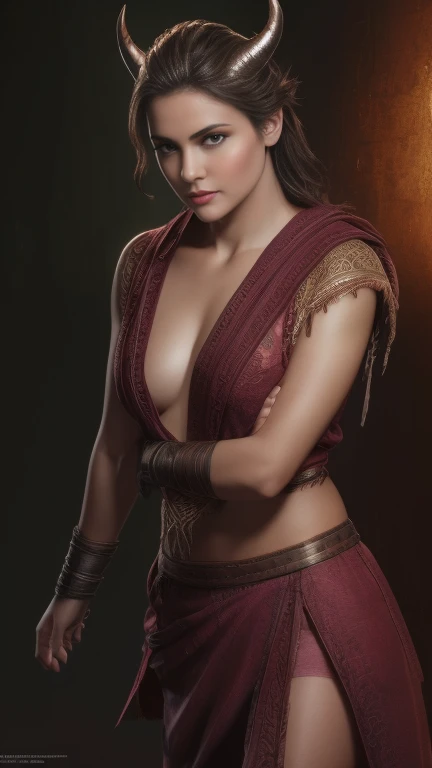 hdr, photoreal render, primitive, Detailed, Intricate details, (full bodyesbian:1.1), D&d character,
Female mage warrior, (blushed skin:1.3), boot,battle, Side Chest, Clean and nice face, Horns, Red eyes,
Craig Mullins, Clear forehead, disarm,