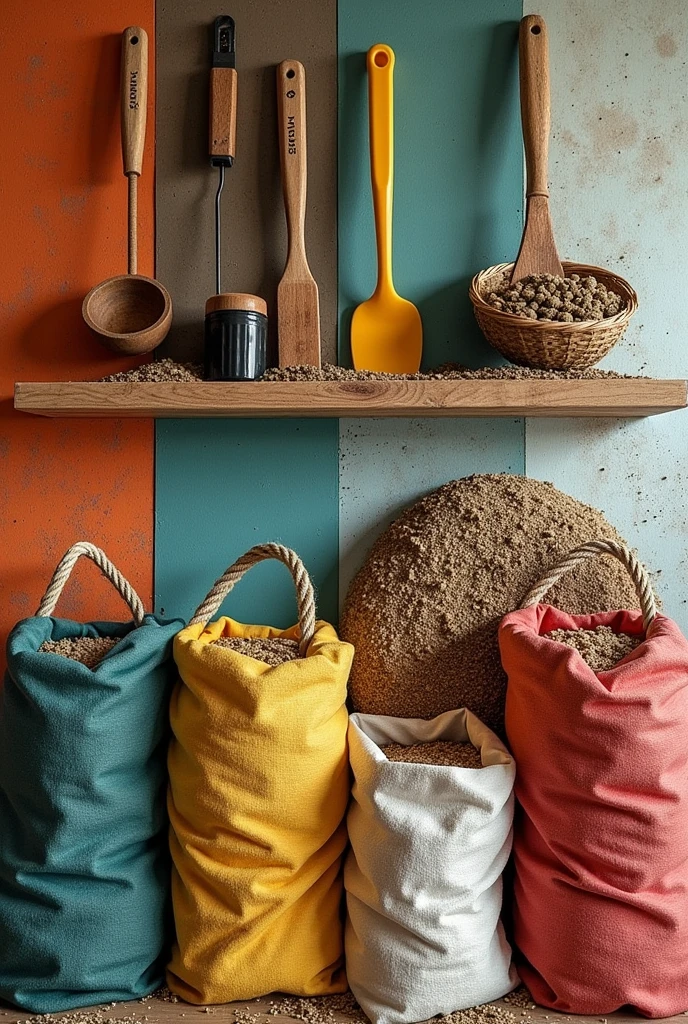 Generate a table of images of materials and things that a business dedicated to animal health would carry, that carries the type of soil, type of wall, type of utensils, colors