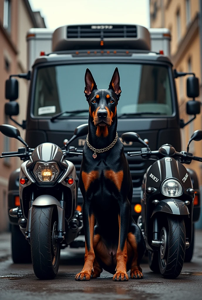 Black Evolution ix and black defender kahn 110 and black yamaha r15 and black honda dio scooter and doberman dog and isuzu freezer lorry all in one picture