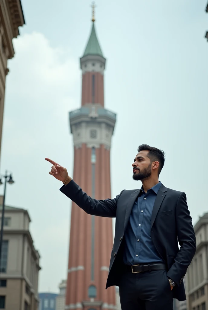 Selfie of a man with his right arm pointing at a tower