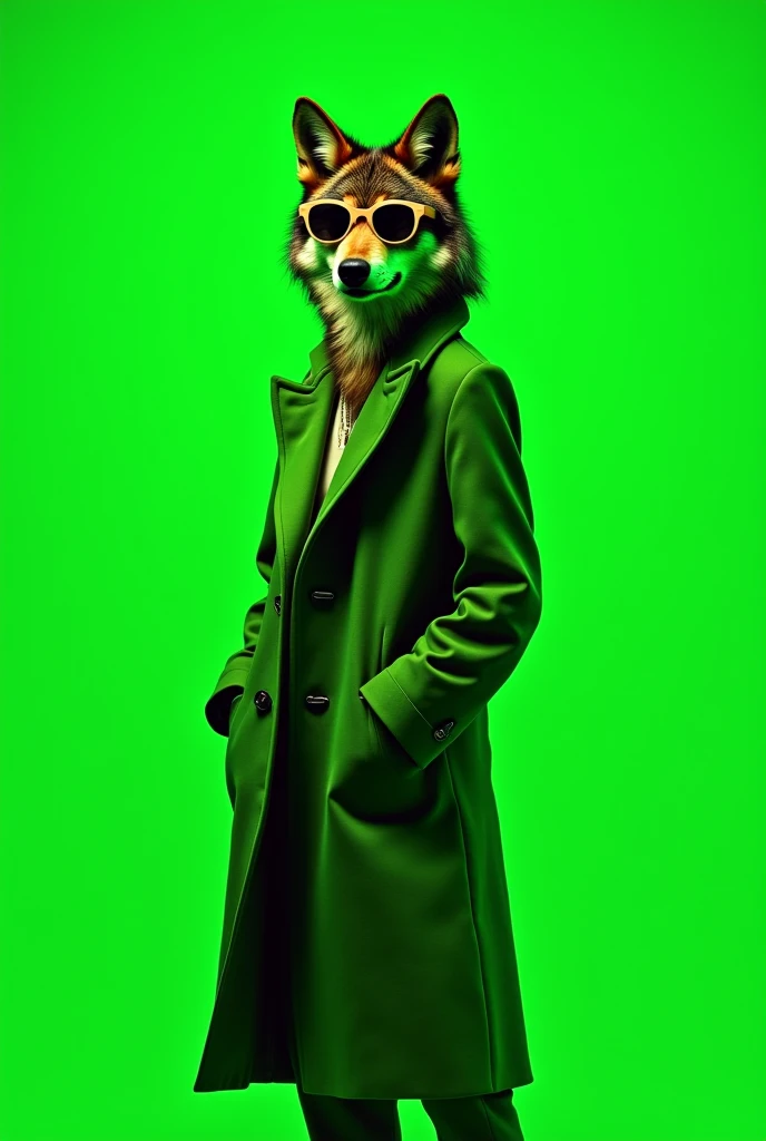 The best mobile wallpaper, Award-winning wallpaper, Portrait Photography, In front view is a portrait of a wolf wearing 1960s mid-century space-age fashion, Side view shot, Shot with Canon EOS R5, Setting a stark contrast that accentuates the subject, Fluorescent green shade, Wearing a very fashionable lounge coat and sunglasses are a hip 1960s style, Clothing all in one color, Beautiful background