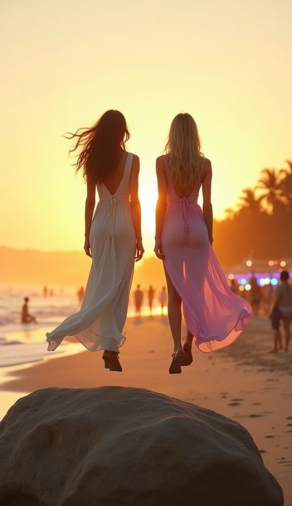 Create a realistic photo of two women levitating above a rock, facing the camera. They should be dressed in loose, flowing summer outfits in pastel colors. In the background, at a moderate distance—not too close, but not too far—depict a lively beach festival. The festival should be visible, with people, lights, and activity, but not overshadowing the women. The entire scene should be bathed in the warm, golden hues of a sunset, adding to the ethereal and serene atmosphere.