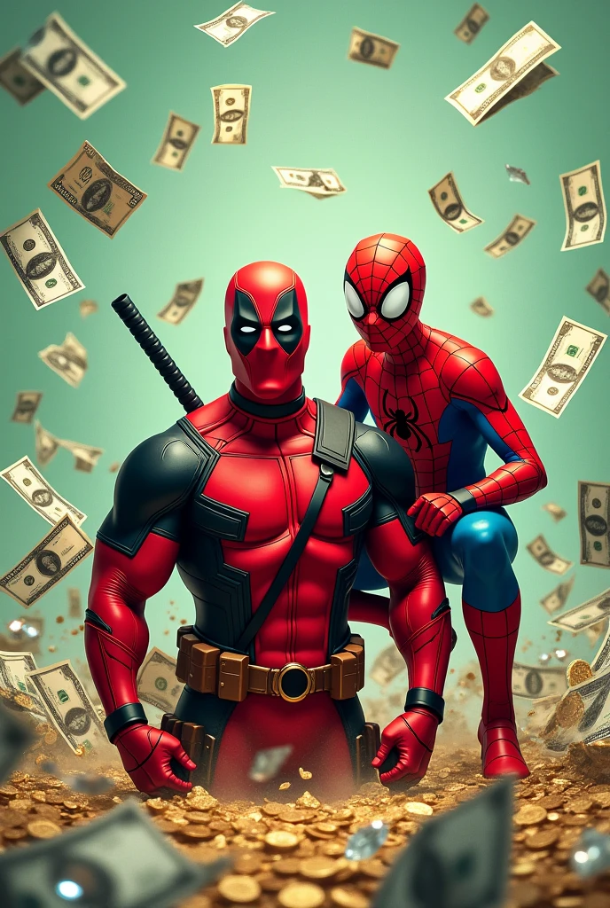 Deadpool and spiderman, dollar bills, diamonds, coins, background in light green and Uni Duni Te as the tittle and do it in a square proportion