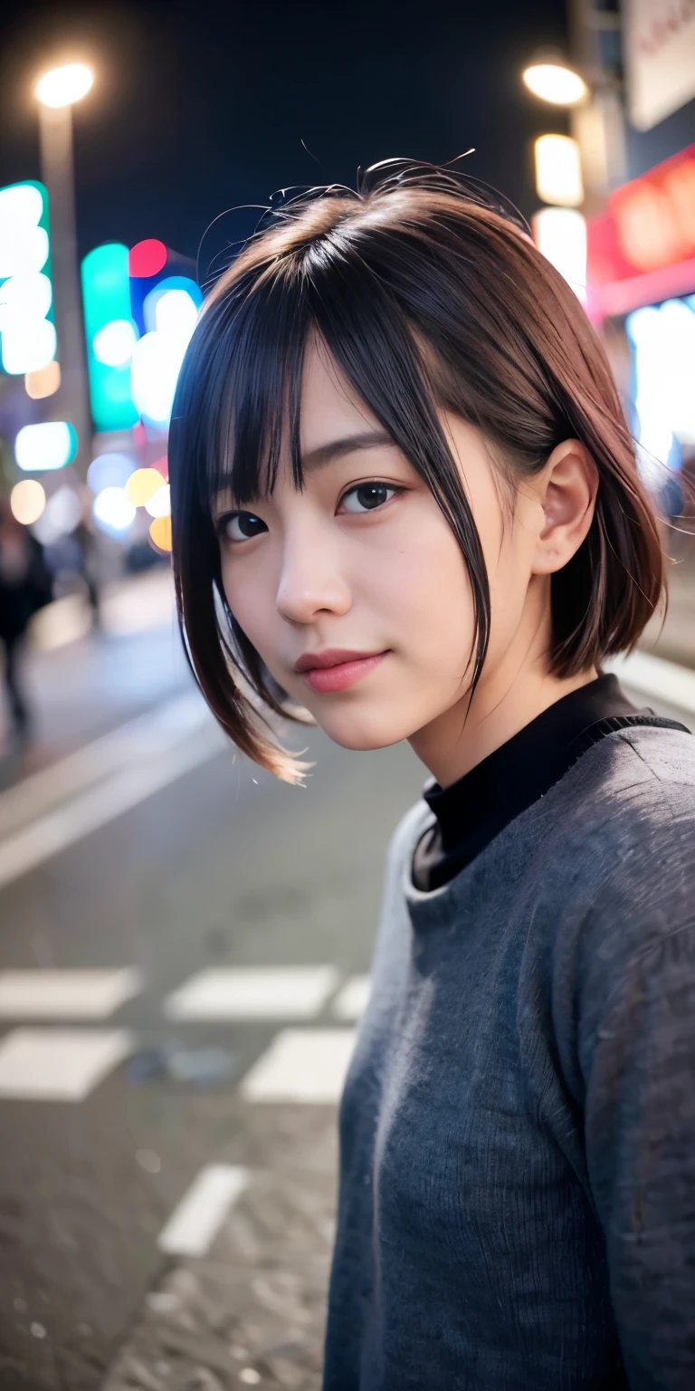 1 person, Tokyo Street,night, Streetscape,City lights,Upper Body,close,smile,, (8k, RAW Photos, Highest quality, masterpiece:1.2),(Realistic, photo-Realistic:1.37),