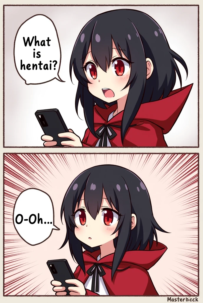 (masterpiece, best quality:1.2), comic, 2 panels, (2comic panels, dot halftone, flat color), 1girl, black hair, red eyes, vampire girl, wearing red cloak, scrolling on smart phone, (panel one saying text "What is hentai?" with curious face, panel two saying text "O-Oh..." with a flushed face)