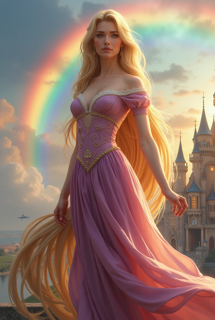 A woman with very long blonde hair almost reaching the ground, dressed like Princess Rapunzel from the fairy tales, She is facing forward, looking directly at the camera, She is standing on the tower of a beautiful colorful castle with the light of a rainbow in the background