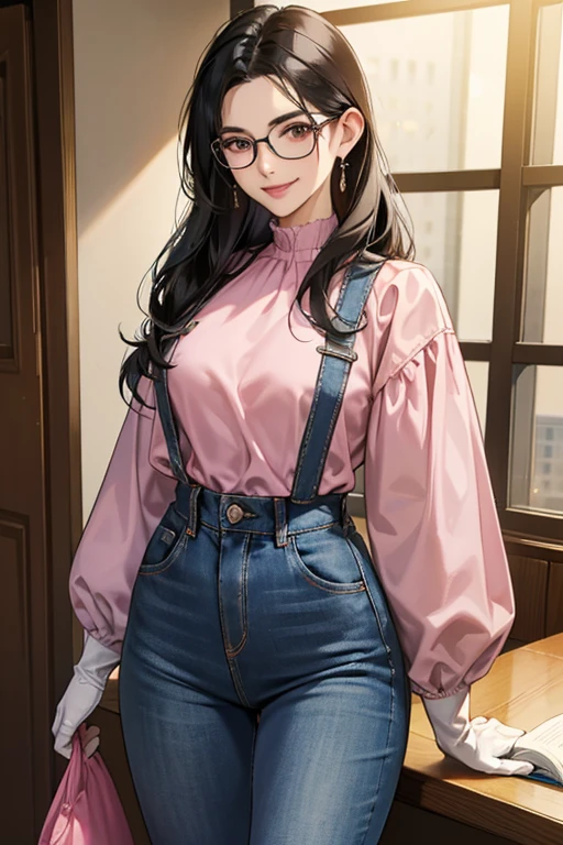 He wore jeans and a long-sleeved smock.、A mature woman with black hair and glasses, Put on big pink rubber gloves、Smiling gently in the room