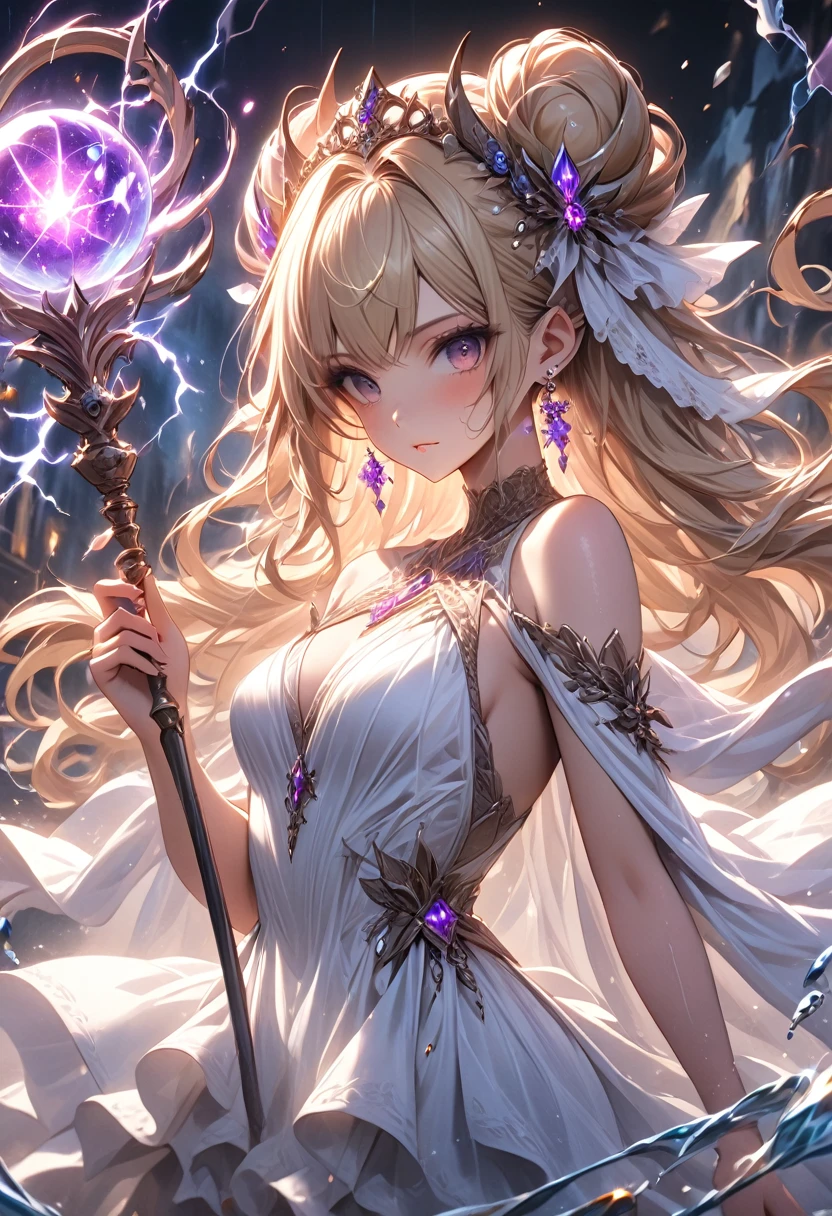 ((masterpiece)), (Textured Skin), ((High Detail)), best quality, The award-winning, 8K, Beautiful woman, Silk dress, noble, Princess, Queen, Blonde, Half bun, Hair flap, jewelled headdress, Crystal Earrings, S((best quality)), 1 Girl, Succubus,Holding a magic wand,Thunder and Lightning,(water polo),electrical arcs,(flash),(flame),(flood)