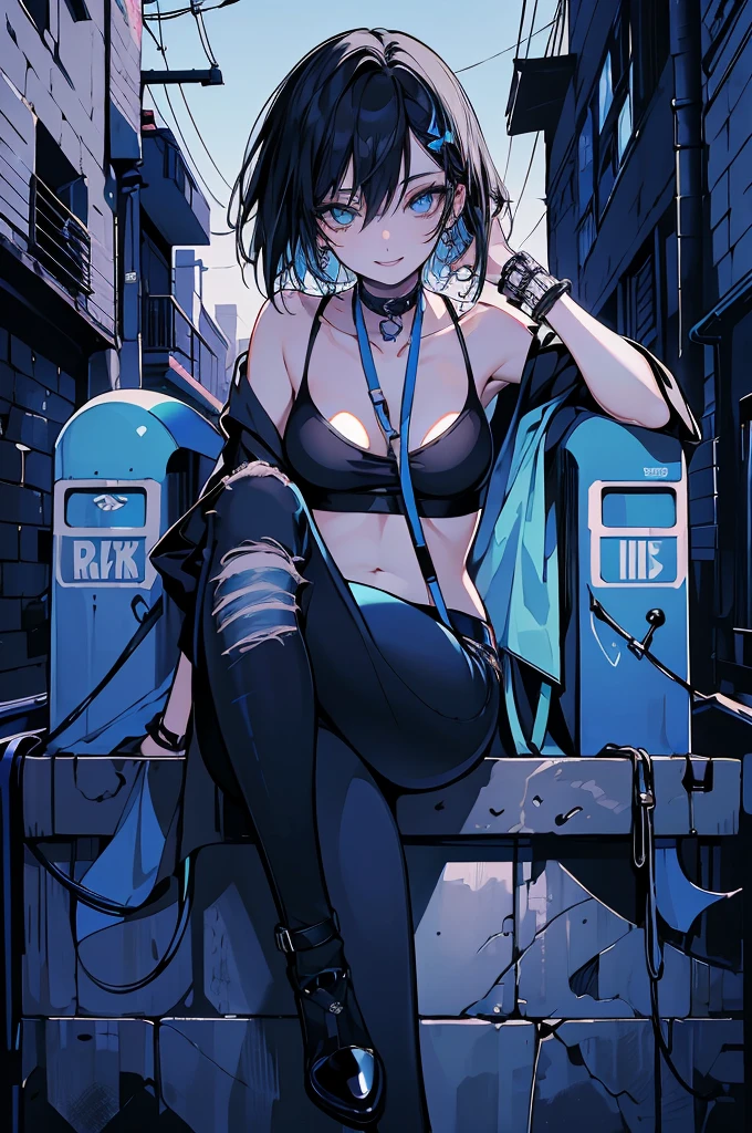 (best quality,very detailed,high resolution:1.2) Delicate Face Portrayal , woman with a perfect face , smile , Black bob , light blue eyes , BLUE EYELINER , A pose sitting with one leg raised , Blue tube top , long jeans , black choker , An alleyway background at dusk , Two legs , Five perfect fingers