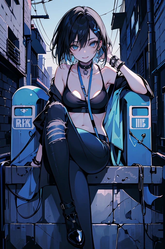(best quality,very detailed,high resolution:1.2) Delicate Face Portrayal , woman with a perfect face , smile , Black bob , light blue eyes , BLUE EYELINER , A pose sitting with one leg raised , Blue tube top , long jeans , black choker , An alleyway background at dusk , Two legs , Five perfect fingers