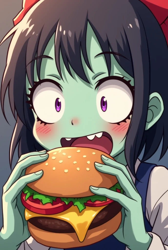 a close up of  a cute female zombie eating a hamburger, anime style