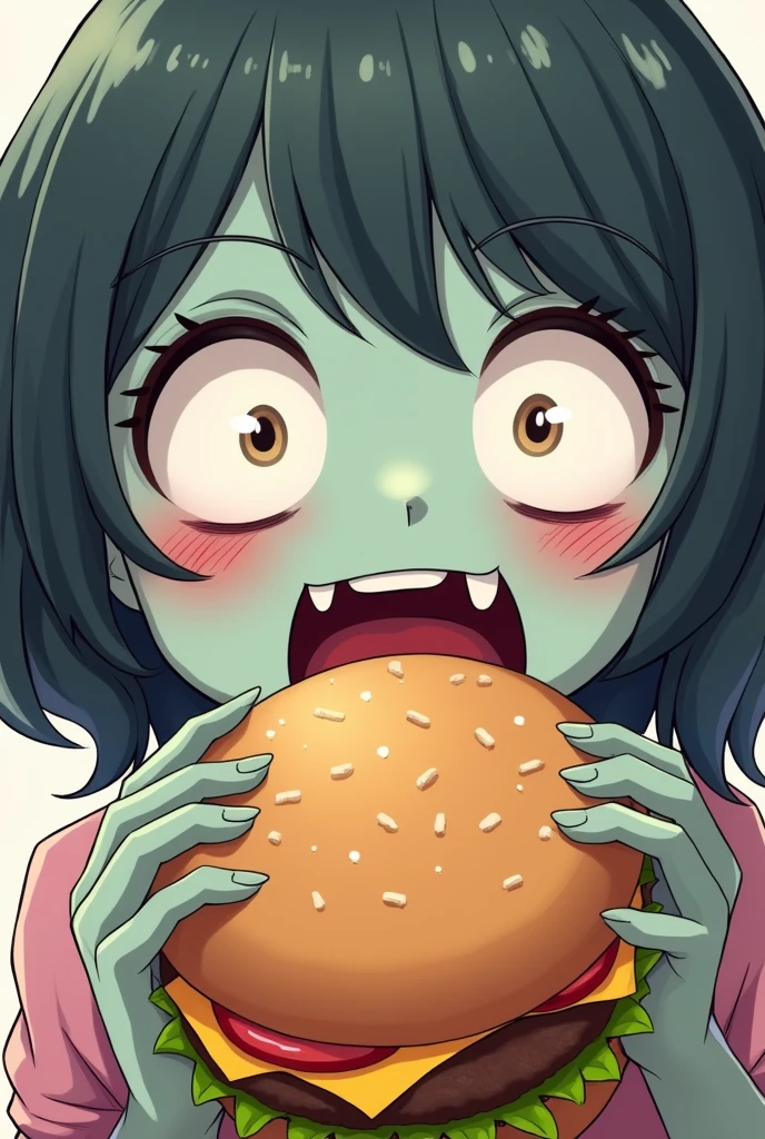a female zombie eating a hamburger, anime style