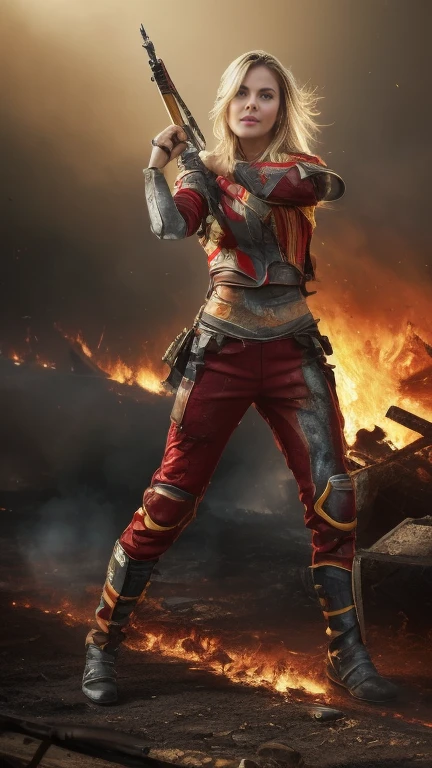 (masterpiece:1.5), (bestquality), (highlydetailed), (ultra-detailed), (1girl:1.2), (full body:1.2), (young girl), (blonde hair), (weapon in hand), (war battle scene), (bloody atmosphere), (smoke), (fire), (corpses), (chaotic background), (explosions), (torn clothing), (determined expression), (sweat and dirt), (injured), (dynamic pose), (broken armor), (burnt landscape), (fighting stance), (smoldering debris), (flames:1.3), (battle cries), (sounds of war:1.1)