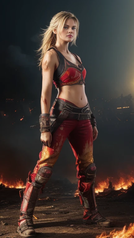 (masterpiece:1.5), (bestquality), (highlydetailed), (ultra-detailed), (1girl:1.2), (full body:1.2), (young girl), (blonde hair), (weapon in hand), (war battle scene), (bloody atmosphere), (smoke), (fire), (corpses), (chaotic background), (explosions), (torn clothing), (determined expression), (sweat and dirt), (injured), (dynamic pose), (broken armor), (burnt landscape), (fighting stance), (smoldering debris), (flames:1.3), (battle cries), (sounds of war:1.1)