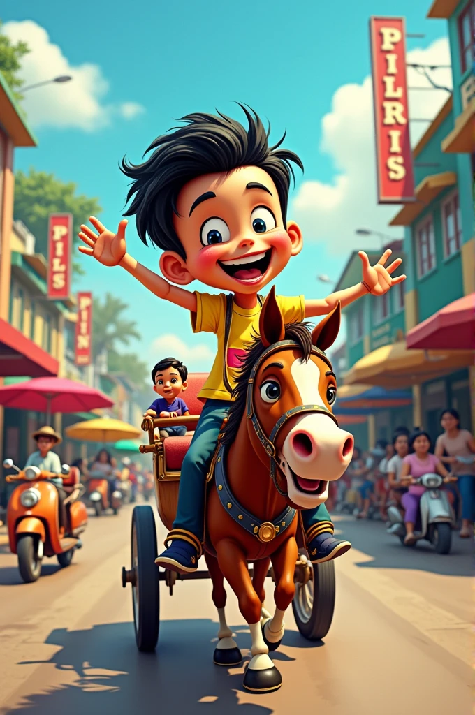 Create a image of cartoon character (person) who's riding (not beside standing ) in the kalesa. In 1990's in the Philippines transportation