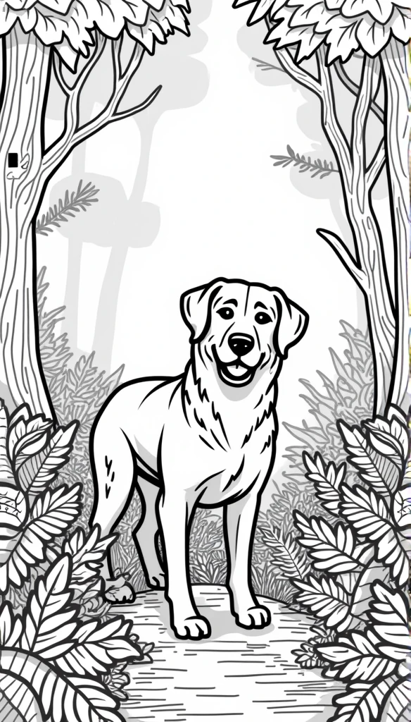 Coloring book of a Labrador Border Collie in the forest, cartoon style, thick lines, no color, white background, just lines.