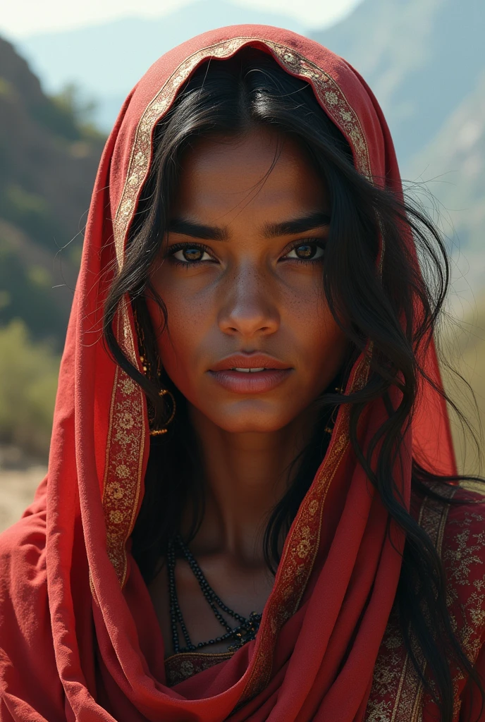 (photorealism:1.2), beautiful woman, years ago, a poor beautiful woman, after wearing a sari, wears a danku uniform, becomes a danku, her name is Phoolan Devi, who is 22 years old, Thakur people force her in Bihar, Indian environment of mountains.