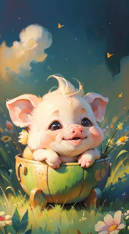 ⭐Masterpiece Illustration, high quality, high resolution 16k, a painting of a  pig with a smile on it's face and big ears sitting on a Sunny meadow, , (fisheye camera), funny cartoon trend in Art Station, playful smile, surprised, very cute facial features, small size, big pointed ears, art style, oil and watercolor painting