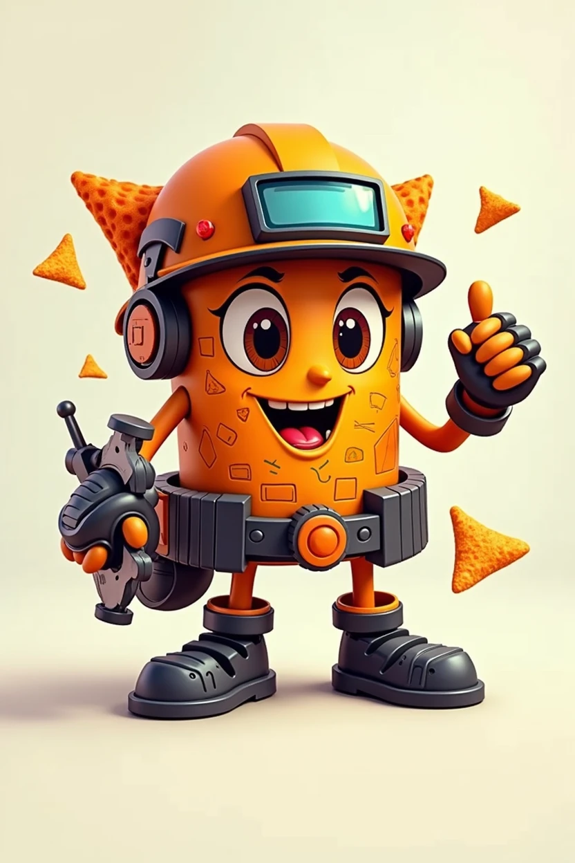 Create a logo of an animated Dorito that is an engineer, with 'Dorimorph' written beneath it in a catchy way for chip sales.